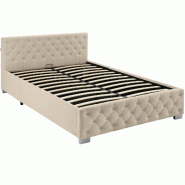 TecTake GmbH tectake Lit capitonné avec bandes LED et espace de rangement - 140 x 200 cm Aspect velours sable - beige Bois massif 406234