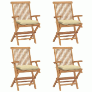 VidaXL Chaises De Jardin Et Coussins Blanc Crème Lot De 4 Teck Massif - beige 3065634