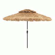 COSTWAY Parasol Hawaï 265cm, plage en PE-paille avec LED solaire et double toit, inclinable. - jaune métal ZB34482