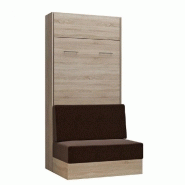 ARMOIRE LIT ESCAMOTABLE DYNAMO SOFA CANAPÉ INTÉGRÉ CHÊNE NATUREL TISSU MARRON 90*200 CM