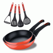 BERGNER - Ensemble de 2 poêles Ø20–Ø24 cm Classique en aluminium forgé antiadhésif avec ustensiles de cuisine rouges - aluminium Q4709