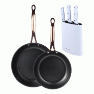 BERGNER - Jeu de 2 Poêles Ø20/24cm en Aluminium Forgé Noir Mat avec Jeu de 3 Couteaux avec Bloc en Acier Inoxydable - PK9532