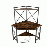 COSTWAY Bureau avec station de recharge, bureau d'angle pour ordinateur avec tablette pour clavier, table de bureau avec structure métallique - marro