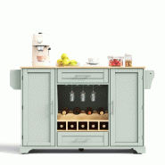 Merax Chariot de cuisine 138x45-70x92 cm, îlot mobile vert avec plan rabattable, casier à vin, porte-verres et rangement, vert sauge - vert Bois man