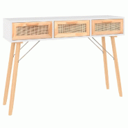 Table console Blanc 105x30x75 cm Bois massif pin /rotin naturel Modèle Atlas Prime - 345627