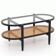 COSTWAY Table, Verre et Rotin, Bois, 102x56x47 cm, Noir - marron Bois manufacturé VH33938PW