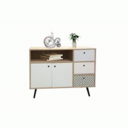Möbilia Buffet |2 portes,3 tiroirs,1 compartiment ouvert | MDF avec film décoratif lisse|Blanc laqué avec façade bleue et blanche|L106,5xP39xH77cm Möbilia Buffet |2 portes,3 tiroirs,1 compartiment ouvert | MDF avec film décoratif lisse|Blanc laqué avec façade bleue et blanche|L106,5xP39xH77cm