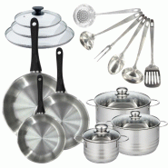 Batterie de cuisine 3 poêles 20/24/28 cm et couvercles, 3 faitouts 16/20/24 cm et 6 ustensiles Fackelmann Geneva - gris inox 3176239935936_0