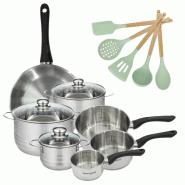 Batterie de cuisine avec 3 faitouts 16/20/24 cm et 3 casseroles 12/16/20 cm avec 5 ustensiles de cuisine Fackelmann Généva Brillant Ocean - gris ino