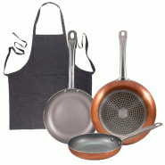 BERGNER - Set de 3 Poêles en Aluminium Pressé Ø18/Ø22/Ø26cm Compatibles Induction Optimum Plus avec Tablier de Cuisine Gris Foncé 100% Coton 75x