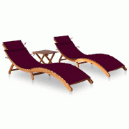 VidaXL Chaises Longues Lot De 2 Avec Table Et Coussins Acacia Solide - rouge 3077385