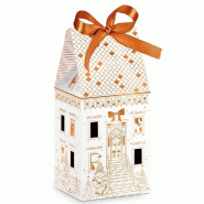 Boite cadeau Maison de fête dorure cuivre ruban satin 7x8x10,8/15,9cm - par 12