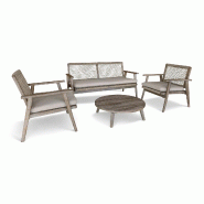 Now's Home - Salon De Jardin En Bois D'acacia Vieilli + Corde Mastic Et Coussins Eden - 3256390253596