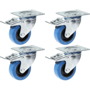 Roulette 80mm 3" pivotante en caoutchouc bleu avec frein, forte capacité de 560kg, jeu de 4 Roulette 80mm 3" pivotante en caoutchouc bleu avec frein, forte capacité de 560kg, jeu de 4