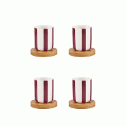 Aulica Tasses à café rayures bordeaux avec sous-tasses en bois - lot de 4 - rouge 289501