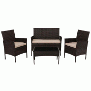 Décoshop26 - Salon de jardin ensemble lounge 4 places avec table en verre en résine tressée marron et coussins crème 04_0009738 - 3000267647533