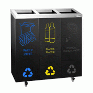 Poubelle de tri sélectif carénée 75 L - 3 bacs 25 L - Acier noir - Roulettes - Autocollants inclus