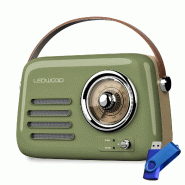 Radio Rétro portable Ledwood ALMA, FM, Bluetooth Entrée USB, Puissance 30W 1500mAh - Retro Vintage - Vert Olive+Clé 32G - 3666638035783