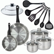 Batterie de cuisine 2 poêles 20/28 cm et couvercle, 3 faitouts 16/20/24 cm et 6 ustensiles Fackelmann Geneva - gris inox 3176239935646_0