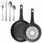 BERGNER - Lot de 2 poêles Ø24/28 cm en aluminium coulé avec poignée en bakélite et set de 16 couverts en acier inoxydable - PK9827