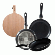 BERGNER - Lot de 3 poêles en aluminium pressé Ø16/20/24cm compatibles induction Navy Black avec planche à découper ronde 38x28x1,5cm en bois de h