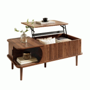 Merax Table basse réglable en hauteur 100 x 48 x 55,5 cm avec porte coulissante, rangements et aspect rainure verticale, coloris noyer - multi-matér