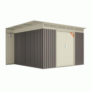 Wasabi - Abri de Jardin Métal 8,96m2 Coffee – Avec Bûcher - Porte coulissante double - Toit plat - Grilles de ventilation - Cabane extérieur - Ca