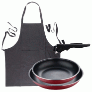 BERGNER - Ensemble de 2 poêles Ø22/26 cm en aluminium embouti rouge avec poignée amovible et tablier de cuisine gris foncé 100 % coton 75 × 80 cm