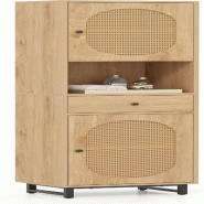 COSTWAY Armoire bain étroite 170 cm, armoire en rotin avec portes, étagères réglables, naturel - marron Bois manufacturé VH33911ZM