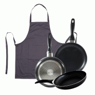 BERGNER - Jeu de 3 Poêles Aluminium Pressé Ø16/Ø20/Ø24 cm Compatible Induction Navy Black avec Tablier de Cuisine Gris Foncé 100% Coton 75x80cm