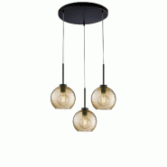 BeLight Suspension Ankara fer noir, câble orientable, verre soufflé ambré rayé, 3 lumières d.47 cm, look chaleureux tendance - noir 8050713217433