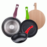 BERGNER - Lot de 3 poêles Jolie Ø18/Ø22/Ø26 cm en aluminium forgé compatibles induction avec planche à découper ronde 38x28x1,5 cm en bois de h
