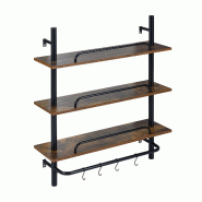 COSTWAY Étagère murale 3 niveaux, étagère suspendue avec 4 crochets S et barre métallique, étagère cuisine bois livres, 80,5 x 24 x 97 cm, noir