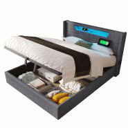 Merax lit rembourré lit double LED avec USB Type C et éclairage LED, housse en coton et lin lit coffre 160x200cm, gris - gris multi-matériau AB2030