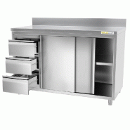 Meuble bas inox 1800x600 mm adossée avec 3 tiroirs à gauche PREMIUM - GOLDINOX - gris inox 3701770814657