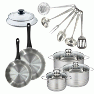 Batterie de cuisine 2 poêles 20/24 cm et couvercles, 3 faitouts 16/20/24 cm et 6 ustensiles Fackelmann Geneva - gris inox 3176239935905_0