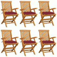VidaXL Chaises De Jardin Coussins Rouge Bordeaux Lot De 6 Teck Massif - rouge Bois massif 3062565