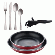 BERGNER - Jeu de 2 Poêles Ø22/26 cm en Aluminium Embouti Rouge avec Manche Amovible et Jeu de 16 Couverts en Acier Inoxydable - PK9659