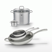 Lot Poêles 32cm, 28cm, 24cm et Faitouts 26cm, 12cm Elo Relief Evolution - gris inox 3176239955460