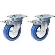 Roulette 125mm 5" pivotante en caoutchouc bleu avec frein, forte capacité de 400kg, jeu de 2 Roulette 125mm 5" pivotante en caoutchouc bleu avec frein, forte capacité de 400kg, jeu de 2