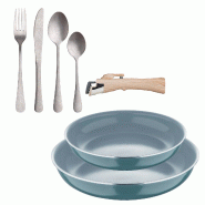 BERGNER - Jeu de 2 Poêles Ø24/28cm en Aluminium Pressé Recyclé Vert avec Poignée Amovible et Set de 16 Couverts en Acier Inoxydable - PK9699