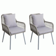 Décoshop26 - Lot de 2 chaises de jardin design moderne terrasse balcon jardin en aluminium gris et corde tressée coussins gris 04_0009687 - 30002676