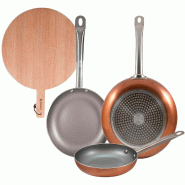 BERGNER - Set de 3 poêles aluminium pressé Ø18/22/26 cm compatibles induction Optimum Plus avec planche à découper ronde 38x28x1,5 cm en bois de