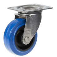 Roulette pivotante de 100 mm en acier inoxydable avec caoutchouc élastique bleu sur roue centrale en nylon. Roulette pivotante de 100 mm en acier inoxydable avec caoutchouc élastique bleu sur roue centrale en nylon.