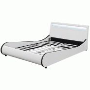 Décoshop26 - Lit double 2 personnes capitonné LED 180 x 200 cm en cuir synthétique blanc avec sommier à lattes 03_0005324 - blanc 3000632599788