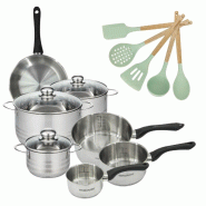 Lot de 1 poêle 20 cm, 3 Faitouts 16/20/24 cm et 3 Casseroles 12/16/20 cm Fackelmann Généva et 5 ustensiles Océan - gris inox 3176239920291