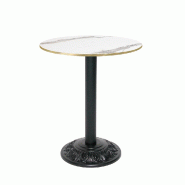 RestooTab - Table Versailles Ø60cm décor marbre blanc chants couleur laiton - blanc fonte TB-VRS-R60M-MB.BLA-LAI