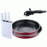 BERGNER - Jeu de 2 Poêles Ø22/26 cm en Aluminium Embouti Rouge avec Manche Amovible et Jeu de 3 Couteaux avec Bloc de Couteaux en Acier Inoxydable -