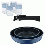 BERGNER - Jeu de 2 poêles Ø22/26cm en aluminium moulé bleu avec poignée amovible avec Jeu de 4 verres 0,5 L NOIA - PK9789