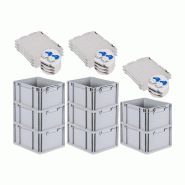 PROREGAL 8x Bac Euro NextGen Economy couvercle à charnières, fermetures à glissière bleues, poignées fermées, 22x30x40cm, 20L - noir plastique R